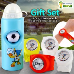 FiFa World Cup Gift Set With Sports Bottle, Sponge Ball & 4Pcs Rubber Strap Unisex Watch